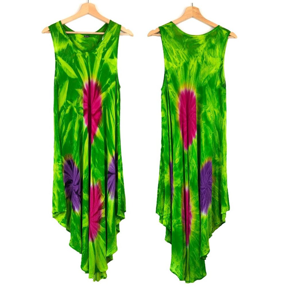 Zury Green Pink Purple Tie-Dye Sleeveless Midi Dress OS (XL+)